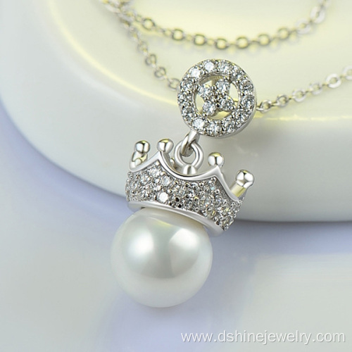 925 Silver Chain Rhinestone Crown One Pearl Pendant Necklace